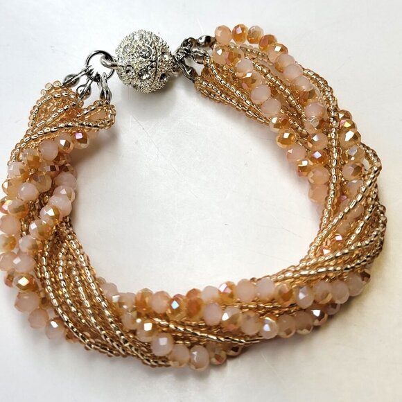 Peach Twisted Crystal Bracelet Braided Beads Half Moon Crystal Magnetic Clasp - Picture 1 of 7